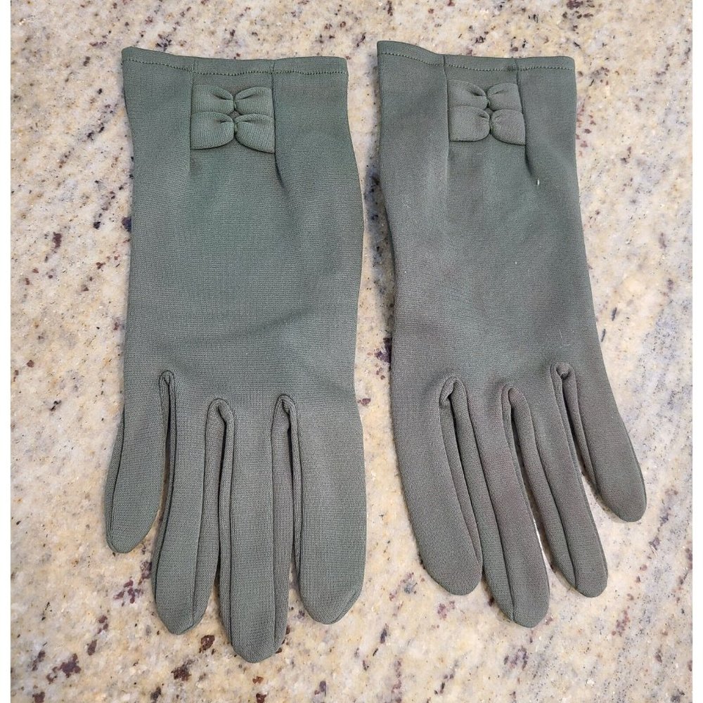 Vintage Size L Formal Green Faded Camo Look Nylon 8" Stretch Gloves. Bow Accent